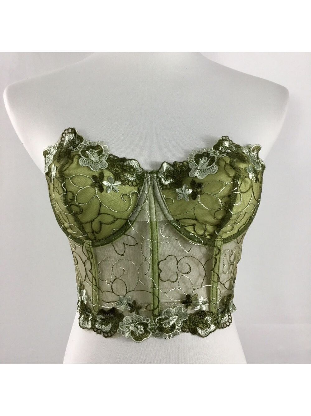 ROMWE Fairycore Floral Embroidery Mesh Tube Top Olive Green Size S/4 - Picture 2 of 7